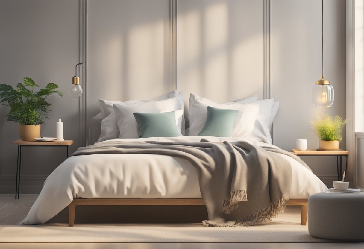 A peaceful bedroom with a cozy bed, soft lighting, and a bedside table with medication and a glass of water. A serene atmosphere for rest and healing