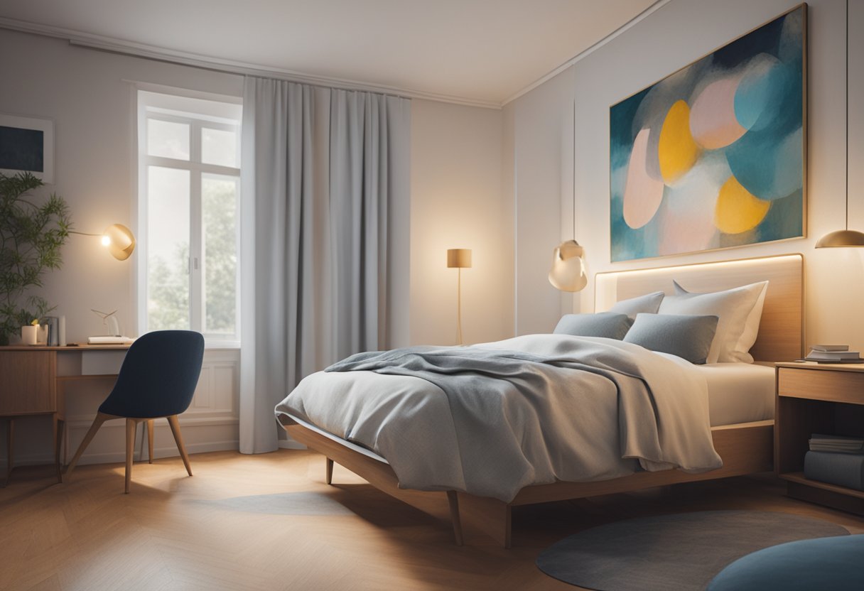 A peaceful bedroom with a comfortable bed and soft lighting, symbolizing the importance of sleep in cancer recovery