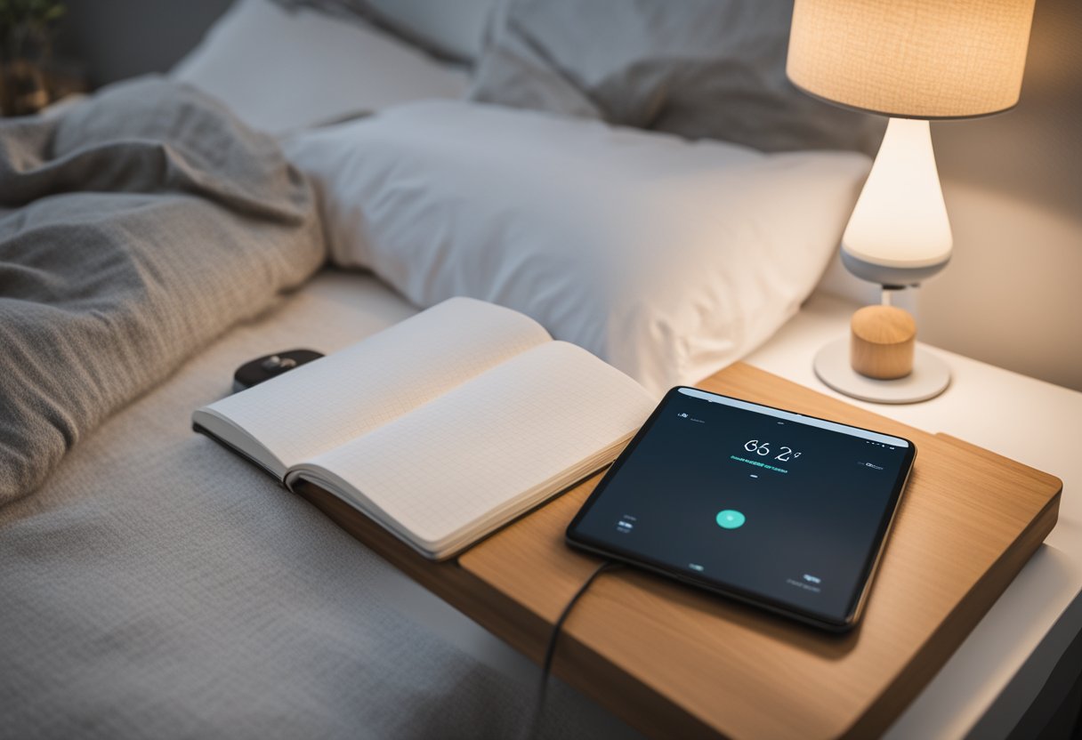 A peaceful bedroom with a cozy bed, a dimly lit lamp, and a journal on the nightstand. A scale and a sleep tracker sit nearby, symbolizing the focus on weight management and sleep for a male cancer survivor