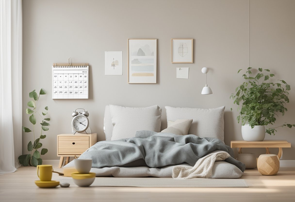 A peaceful bedroom with a balanced diet and exercise equipment. A calendar shows a regular sleep schedule