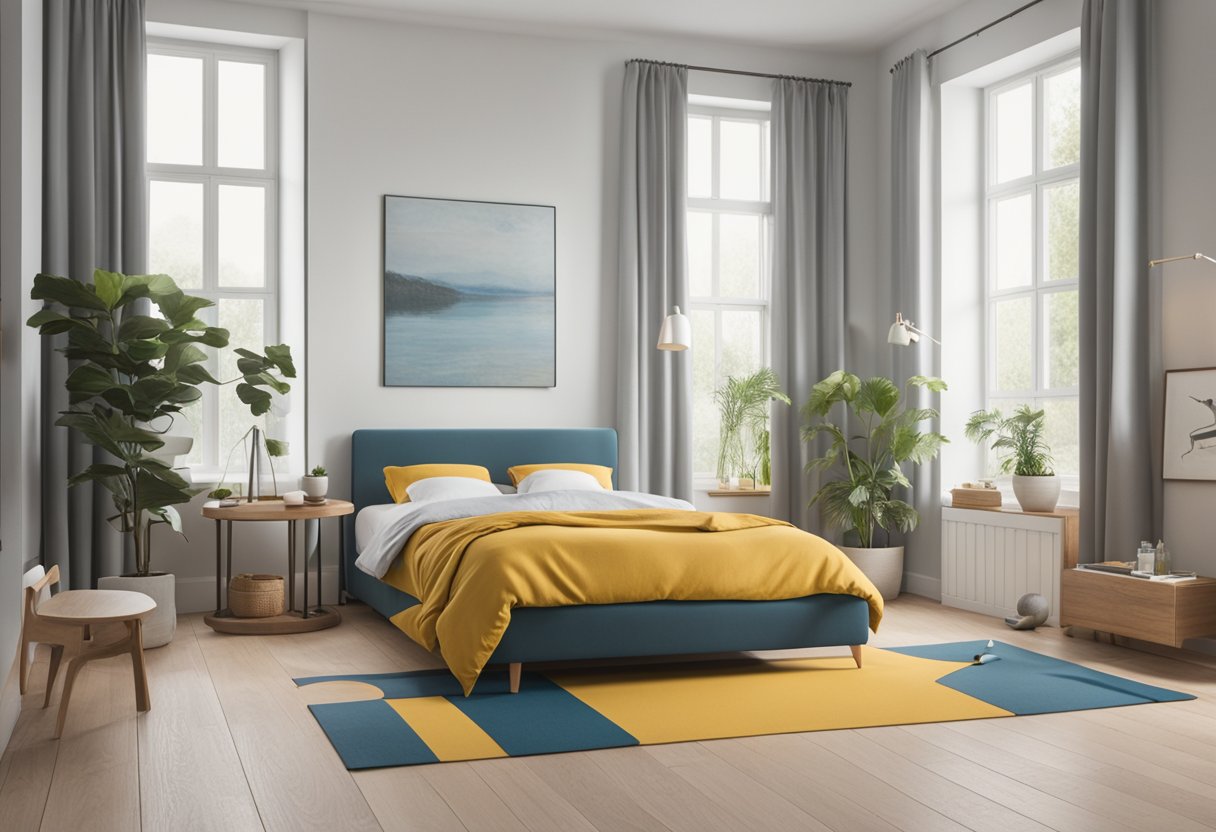 A serene bedroom with a balanced diet and exercise equipment, representing the psychological effects of sleep and weight management for a male cancer survivor