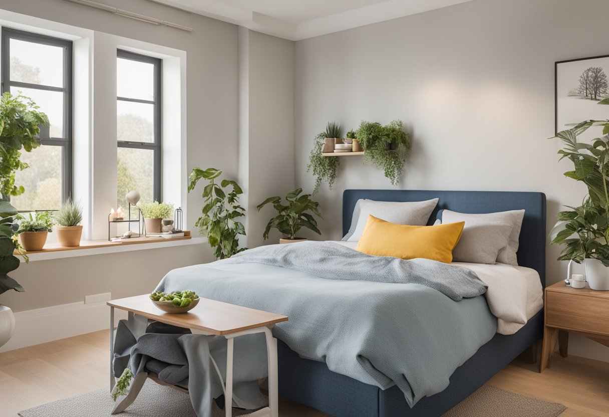 A peaceful bedroom with a balanced plate of food and exercise equipment, symbolizing nutrition and physical activity guidelines for weight management in a male cancer survivor's routine
