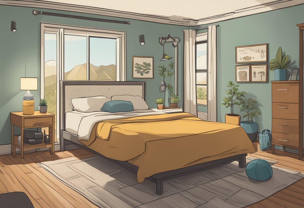 A peaceful bedroom with a balanced diet and exercise equipment, symbolizing sleep and weight management for a male cancer survivor