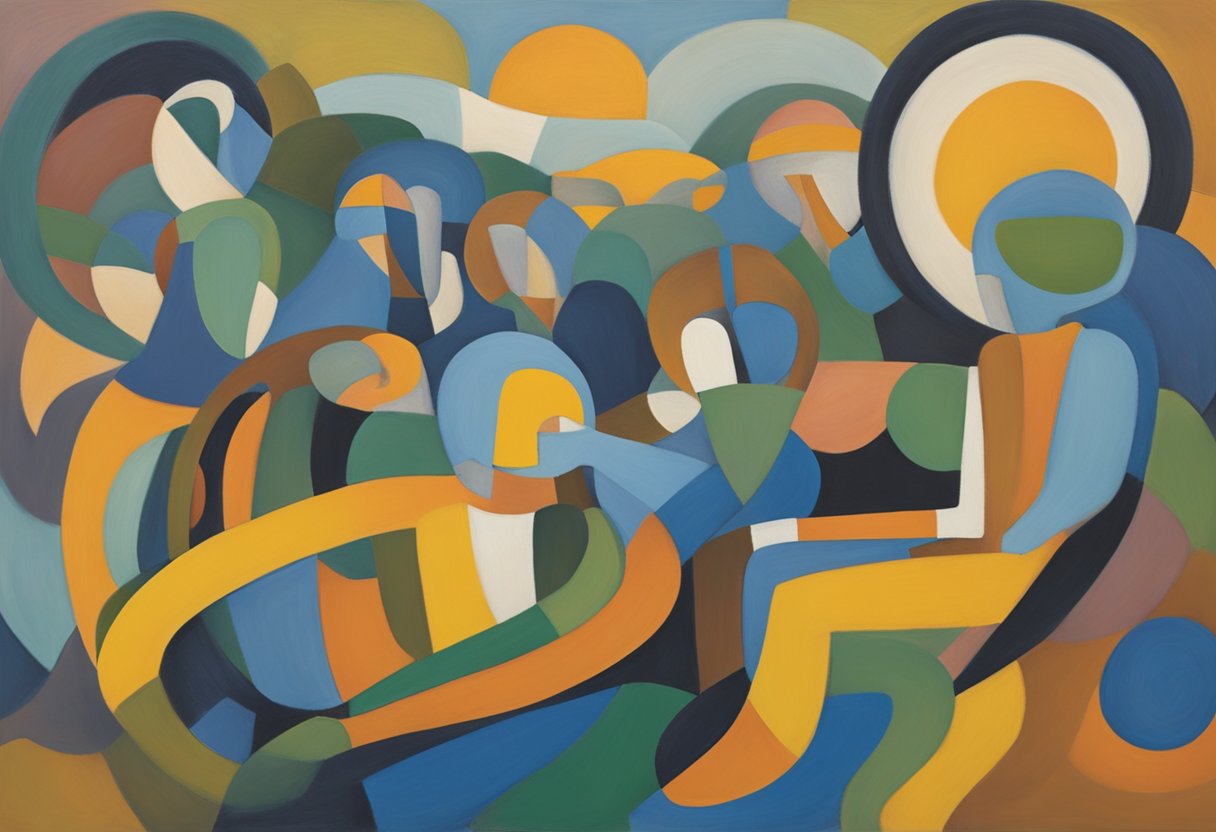 A peaceful figure surrounded by supportive friends, symbolizing the importance of sleep and social connections for a male cancer thriver