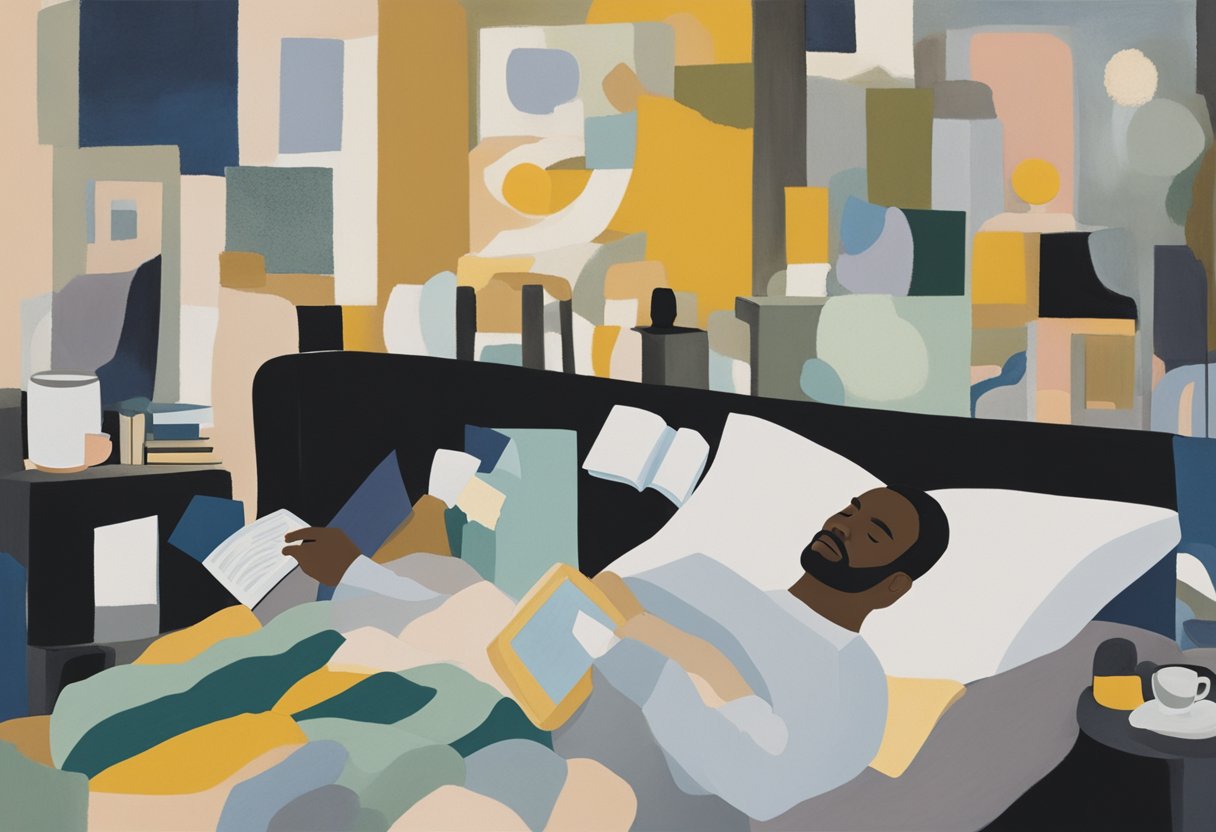 A man rests in bed, surrounded by comforting items. A phone and book sit nearby, suggesting a desire for social connection and relaxation during cancer treatment