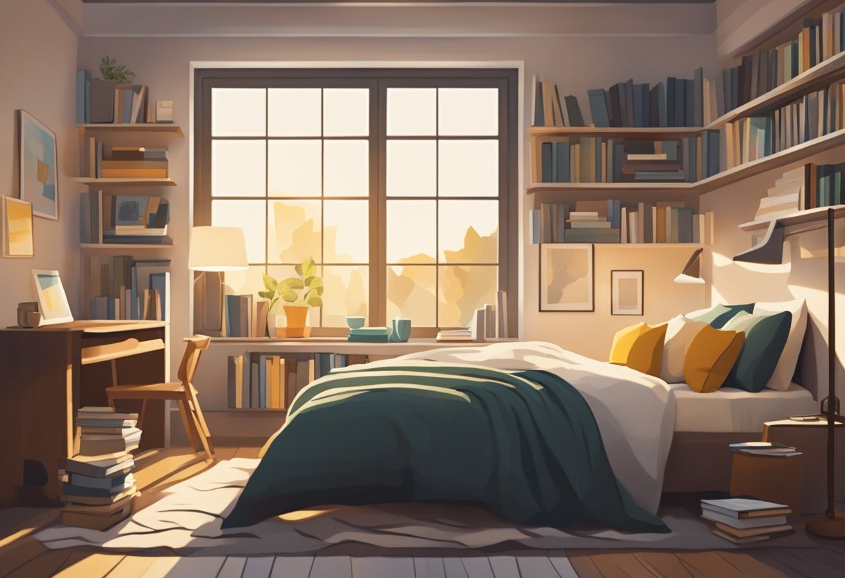 A peaceful bedroom with a warm, inviting atmosphere. A cozy bed with soft blankets and pillows. A window with gentle sunlight streaming in. A bookshelf filled with favorite novels and a desk with a journal and pen