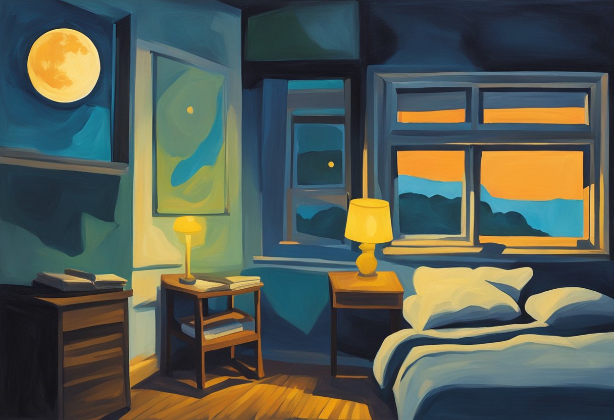 A peaceful bedroom with a glowing moon outside the window, a book on the nightstand, and a phone with missed calls