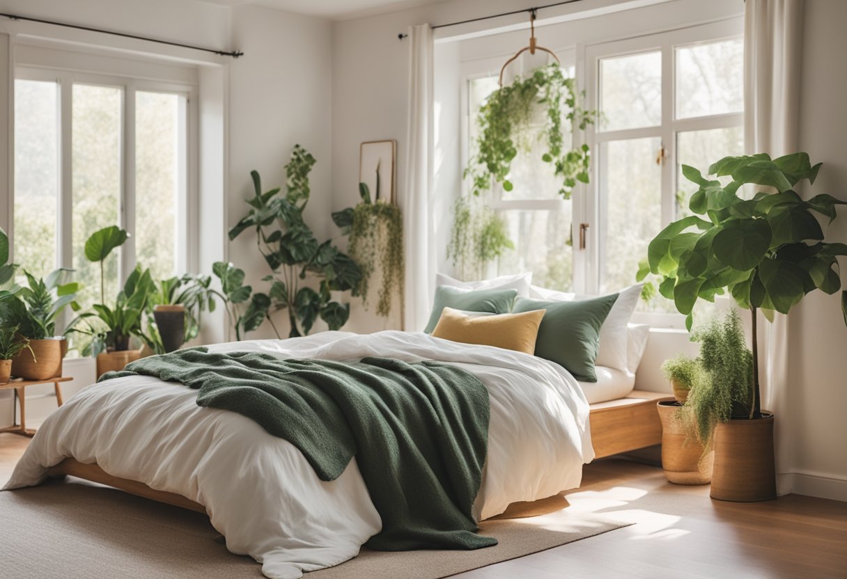 A serene bedroom with natural light, plants, and open windows. A cozy bed with soft blankets and pillows. A peaceful, green outdoor setting with friends chatting and laughing