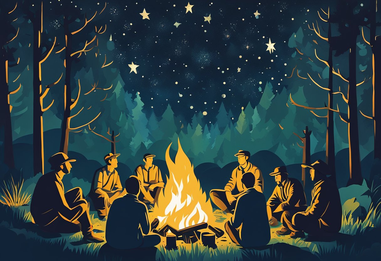 A group of men gather around a campfire, sharing stories and laughter. A peaceful forest surrounds them, with a clear starry sky above