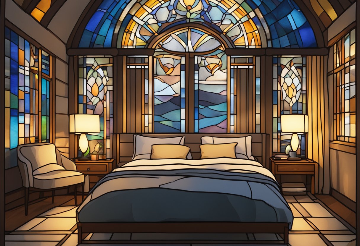 A peaceful bedroom with a cozy bed, soft pillows, and warm blankets. A serene atmosphere with dim lighting and soothing colors