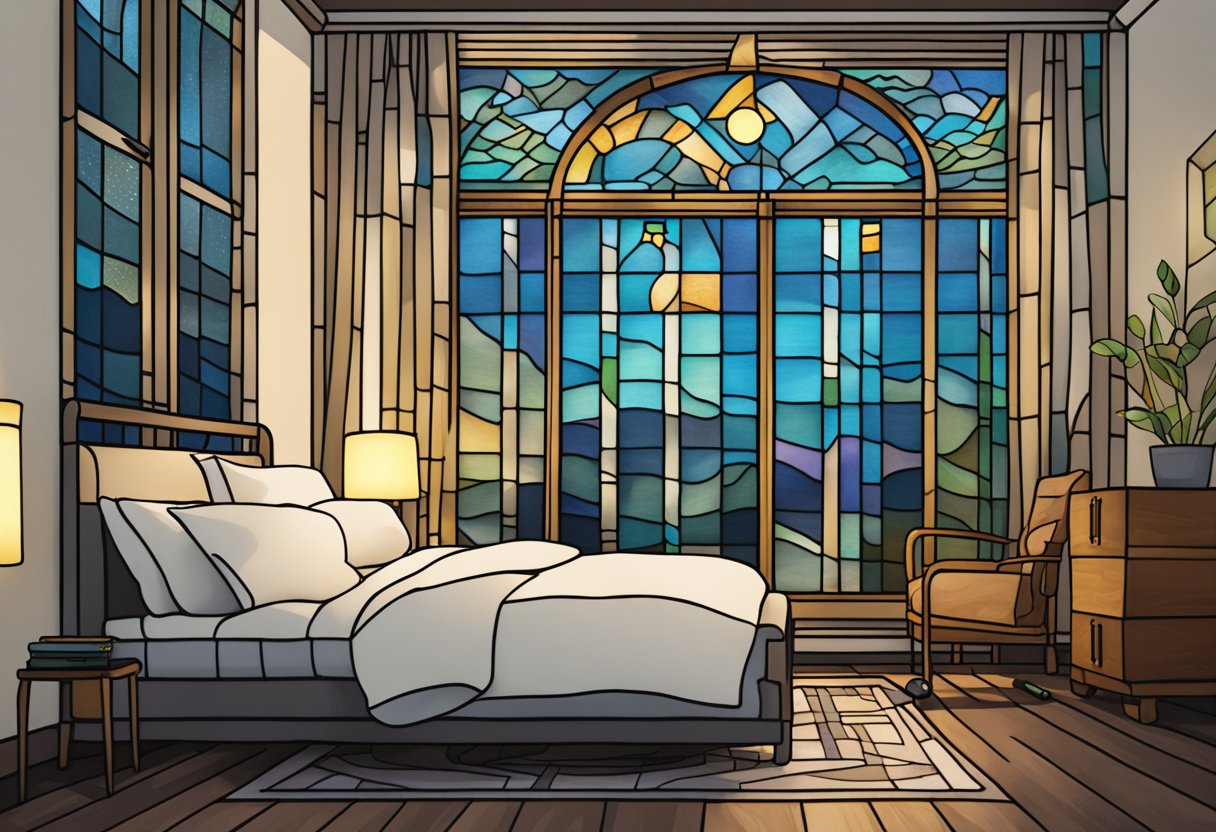 A peaceful bedroom with a sleep tracker on the nightstand, a journal for recording sleep patterns, and a cozy bed with soft pillows and a warm blanket