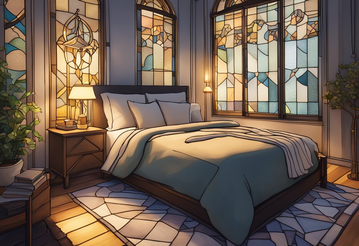 A serene bedroom with soft lighting and calming decor, a journal and pen on the nightstand, and a cozy bed with plush pillows and a warm blanket