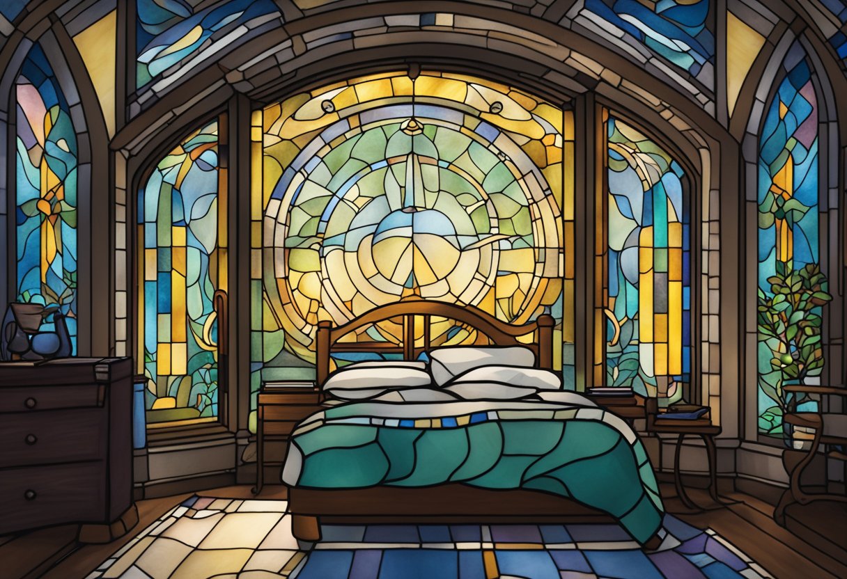 A peaceful bedroom with a moonlit window, a sleeping mask on the nightstand, and a book about cancer survivorship resting on the bed