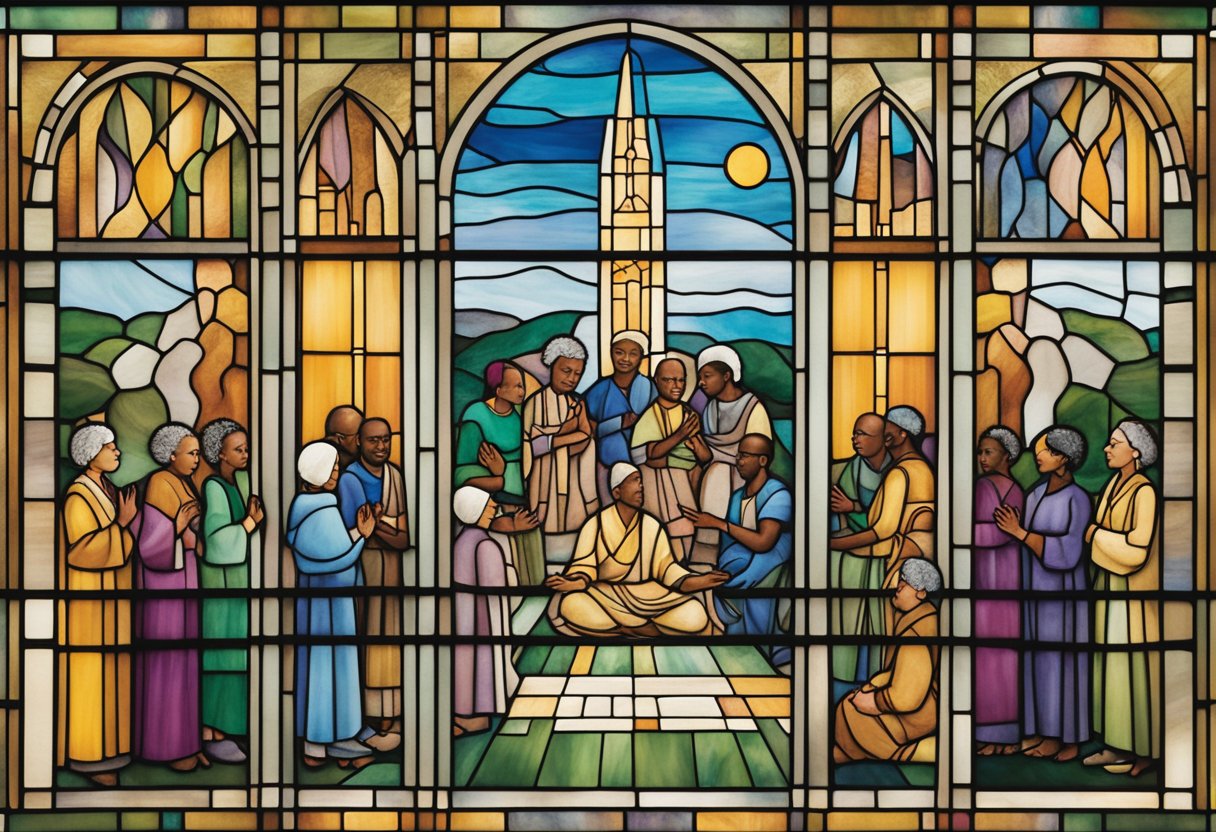 A diverse group of cancer survivors gather in a peaceful setting, representing different cultural backgrounds and ages. They are engaged in activities that promote relaxation and well-being, such as meditation, yoga, and socializing