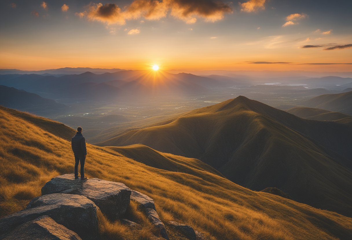 A man stands atop a mountain, arms outstretched, facing the horizon. The sun sets behind him, casting a warm glow on the landscape
