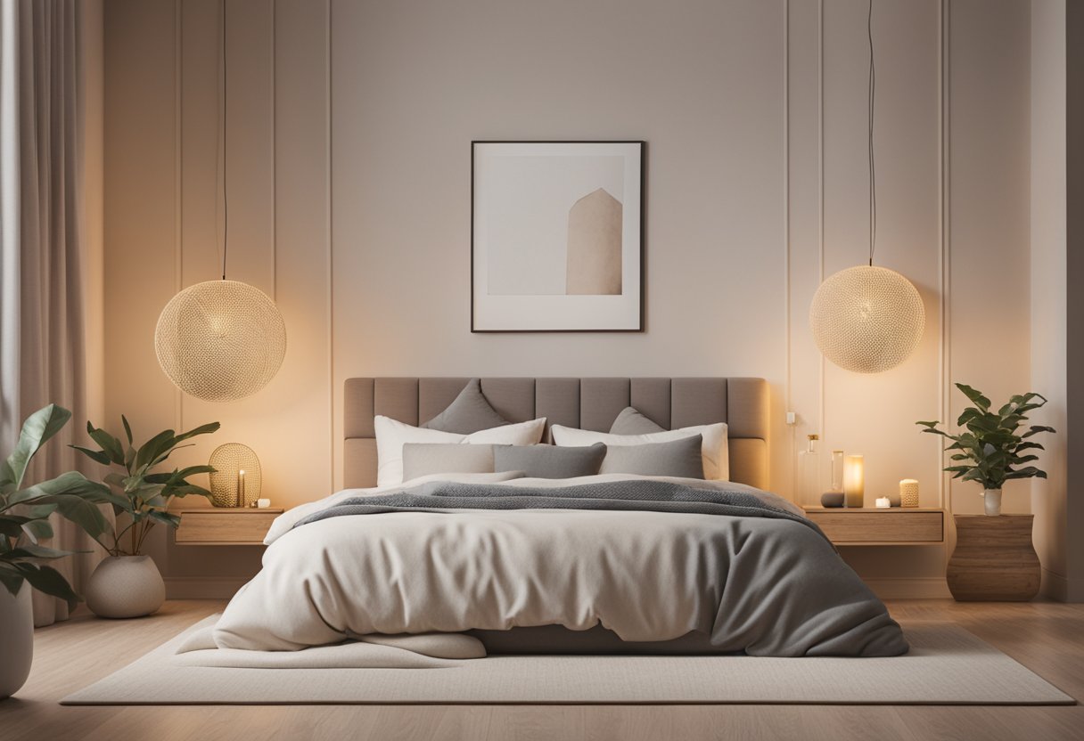 A serene bedroom with soft, warm lighting. A cozy bed with plush pillows and a soothing color scheme. A diffuser emitting calming essential oils