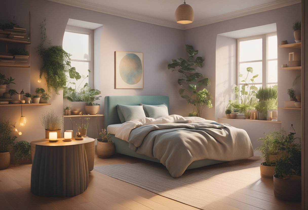 A serene bedroom with a cozy bed, soft lighting, and a calming color scheme. A small table with a book and a cup of herbal tea sits nearby