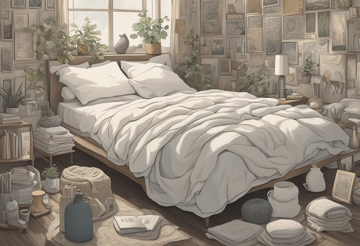 A peaceful figure rests, surrounded by comforting elements: a cozy bed, soft blankets, and soothing self-care items