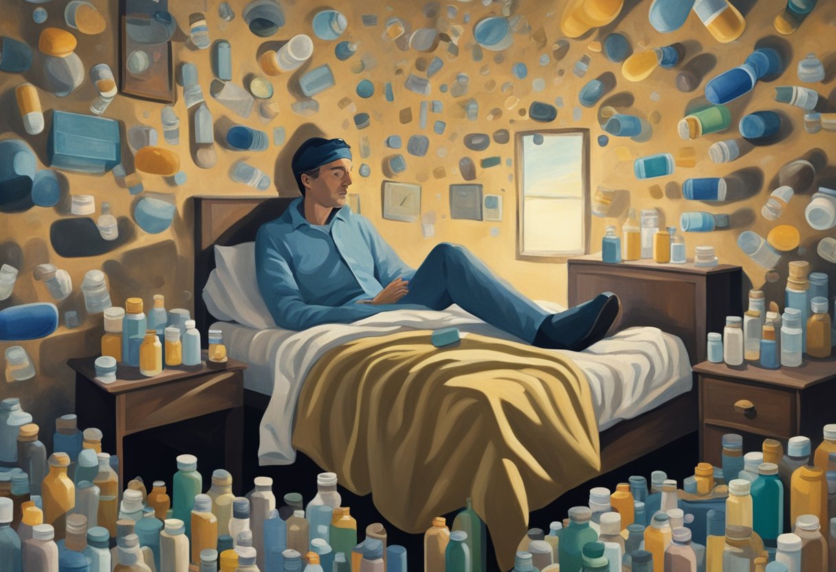 A man sitting in bed, staring at the ceiling with a tired expression. Empty pill bottles and a sleep mask are scattered on the nightstand