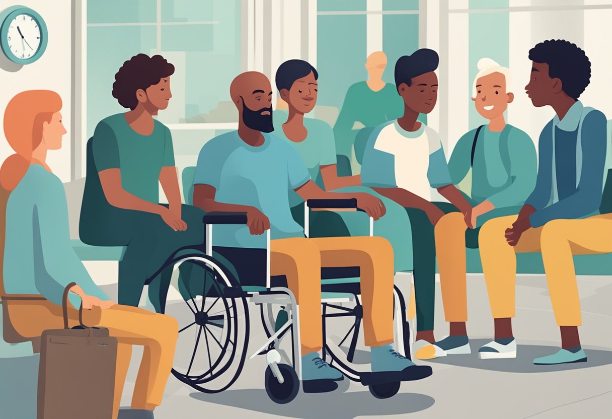 A group of cancer patients and caregivers gather in a hospital waiting room. A male warrior sits in a wheelchair, surrounded by supportive loved ones