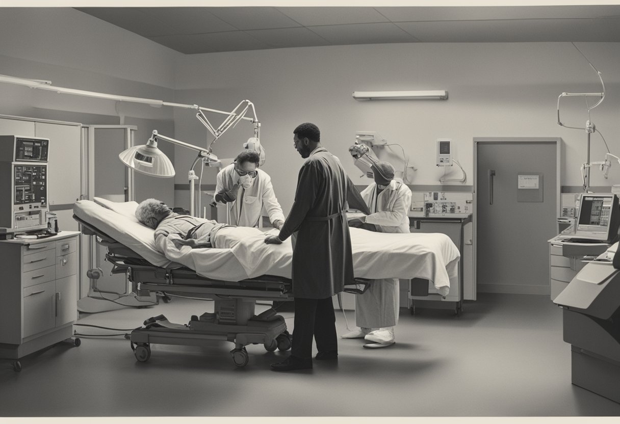 A man sits in a hospital bed, surrounded by medical equipment. A doctor performs a spinal tap procedure while the patient looks determined and brave