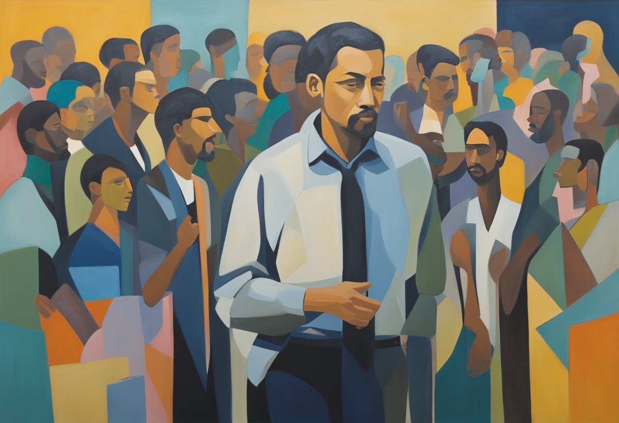 A man stands confidently, surrounded by supportive figures. He gestures emphatically while speaking, exuding strength and resilience