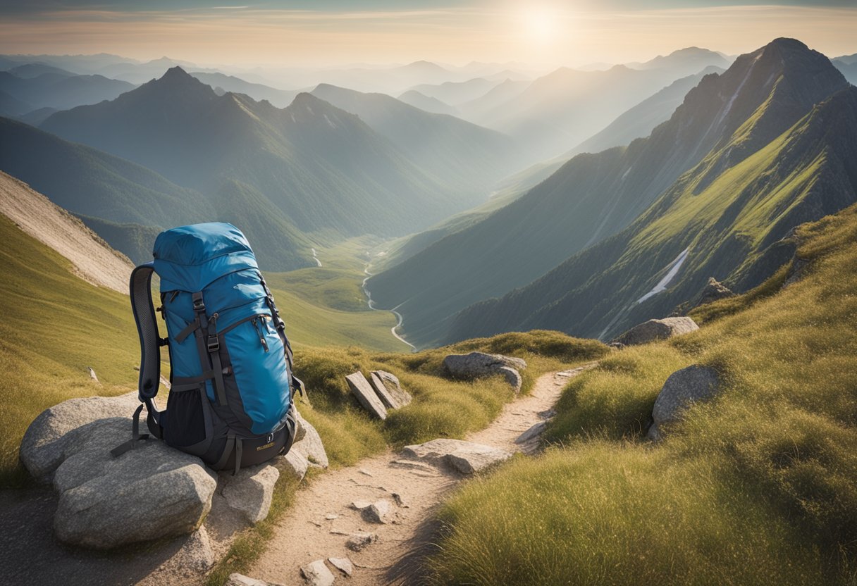 A mountain landscape with a winding trail leading to a summit, a backpack and hiking gear left behind, symbolizing a journey of overcoming cancer and embracing new adventures