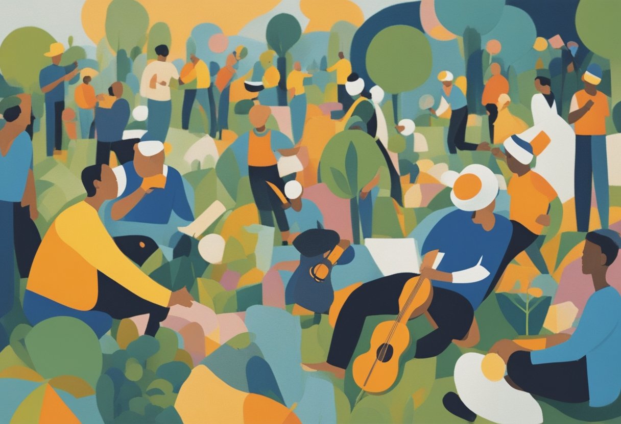 A man enjoying outdoor activities, surrounded by supportive friends and family, engaging in hobbies and self-care practices