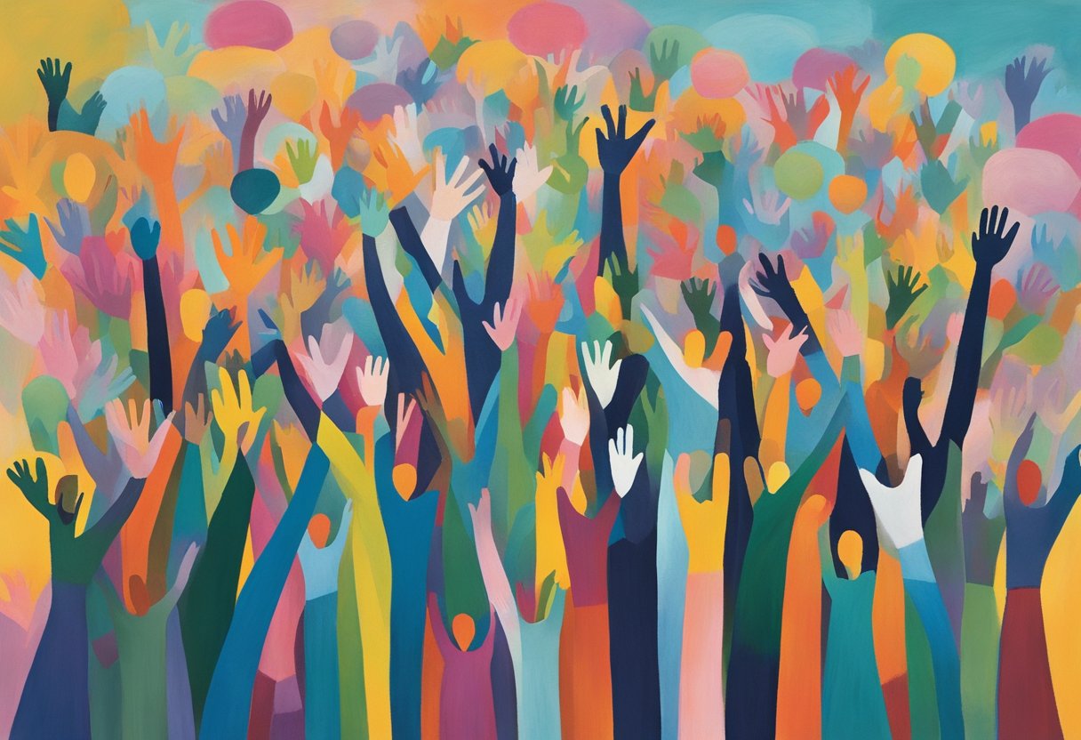 A group of diverse individuals surround the cancer thriver, offering hugs, high-fives, and words of encouragement. The thriver stands tall and confident, surrounded by a network of support