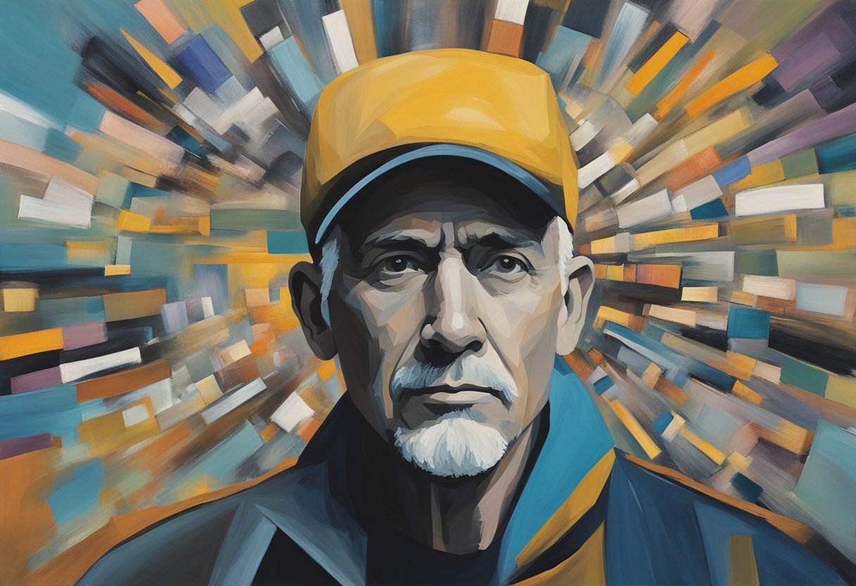 A man stands confidently, surrounded by various treatment options and their potential side effects. He exudes strength and resilience as he rebuilds his self-esteem after overcoming cancer