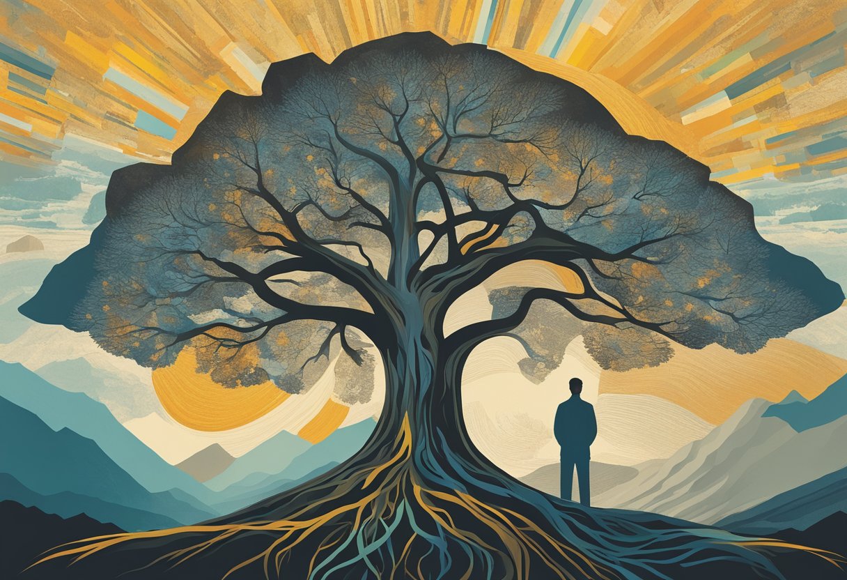 A man stands tall, surrounded by supportive symbols of strength and resilience: a mountain range, a rising sun, and a tree with deep roots