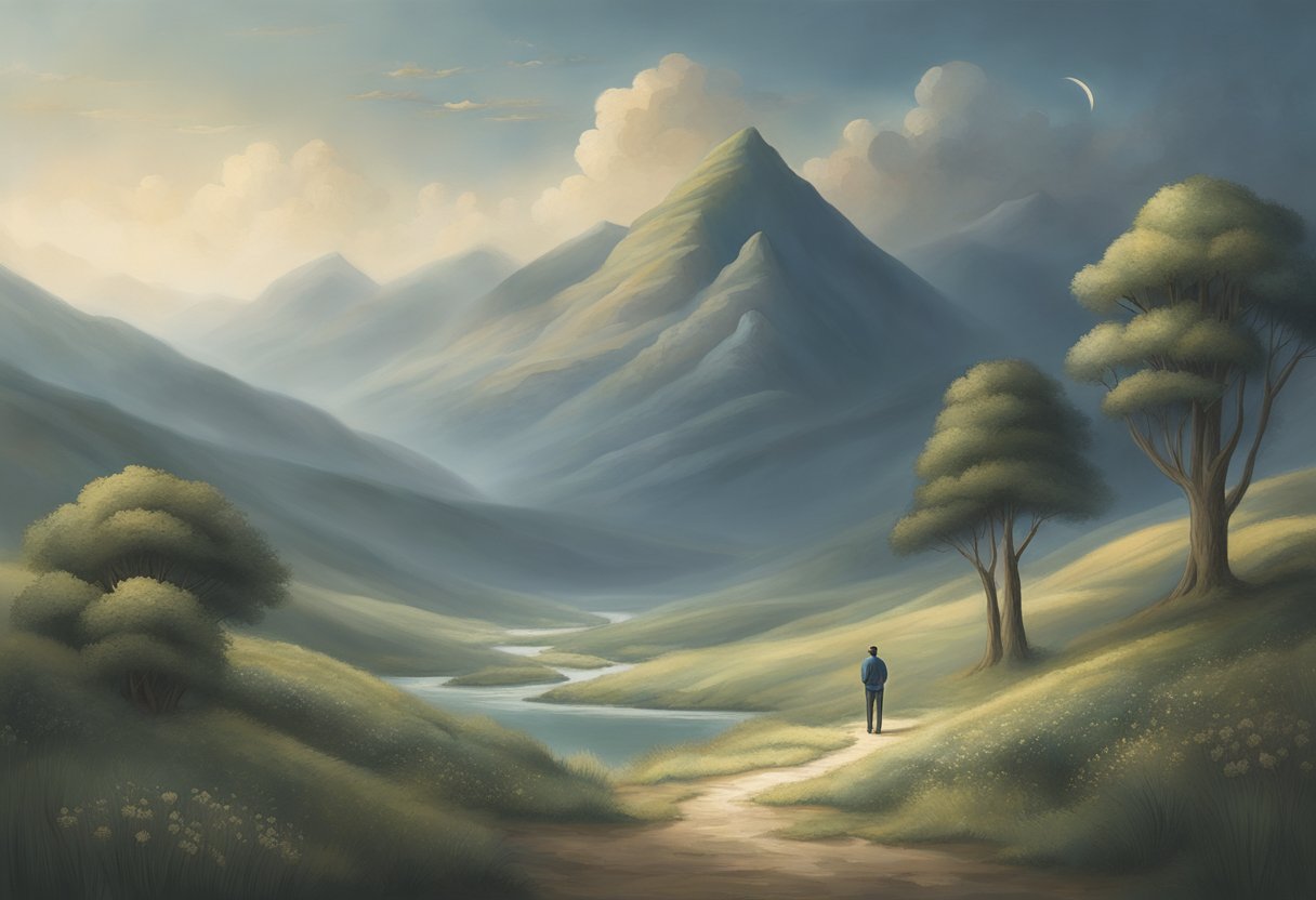 A serene landscape with a figure standing tall, symbolizing strength and resilience. A subtle reference to the male cancer thriver's journey