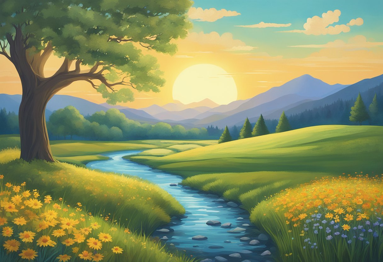 A serene, sun-drenched meadow with vibrant wildflowers, a winding river, and a lone tree standing tall, symbolizing resilience and growth