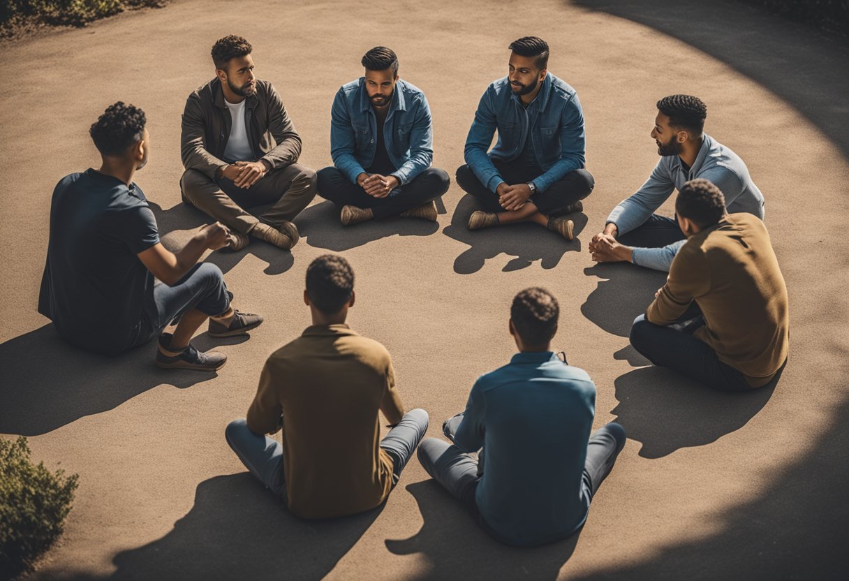 A group of men sit in a circle, sharing stories and offering support. The atmosphere is warm and comforting, with a sense of camaraderie and understanding