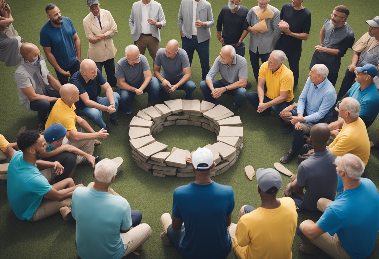 A group of men gather in a circle, sharing stories and offering support to a cancer survivor. The atmosphere is filled with empathy and understanding