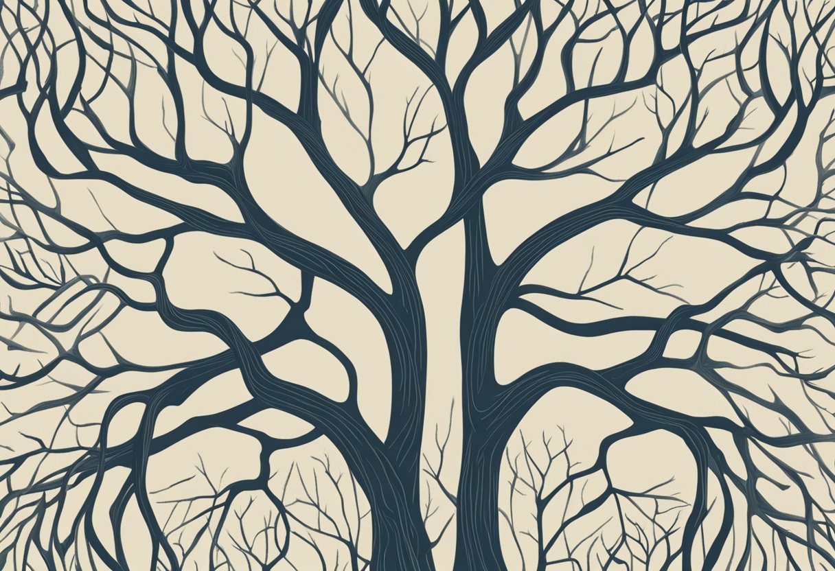 A group of interconnected branches forming a strong support system, symbolizing the nurturing connections of a male cancer thriver