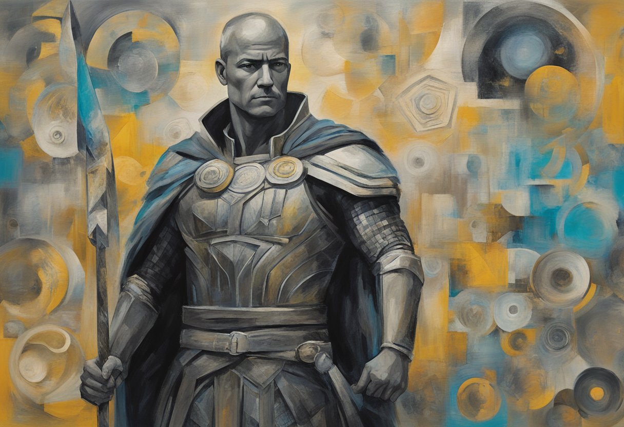 A male cancer warrior standing tall, surrounded by symbols of strength and resilience, with a sense of determination and courage emanating from his presence