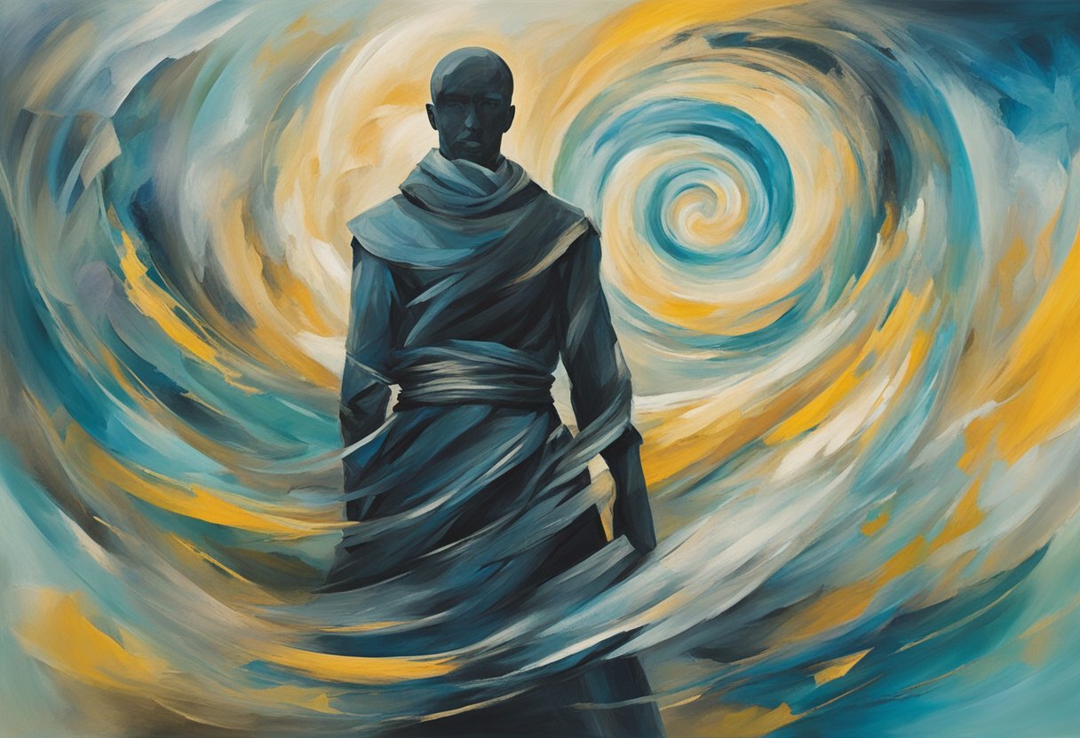A figure stands strong amidst swirling winds, symbolizing resilience. The male cancer warrior is depicted with a determined stance, surrounded by elements representing strength and fortitude