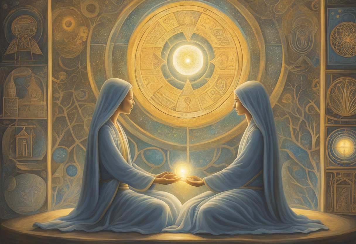 A serene figure surrounded by symbols of hope and healing, with a bright light shining from within