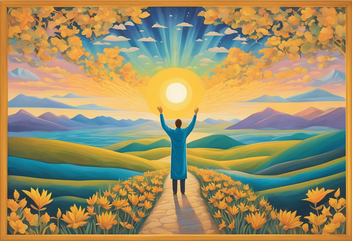 A serene landscape with a vibrant sunrise, symbolizing hope and faith. A figure stands with arms outstretched in gratitude, representing a male cancer thriver embracing the journey