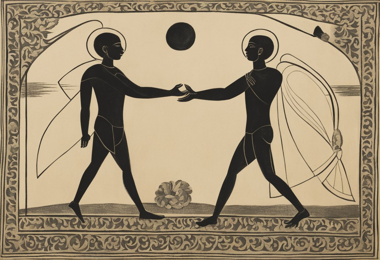 Two figures facing each other, arms outstretched in a gesture of gratitude. A male figure stands confidently, while another figure sits, representing a cancer thriver
