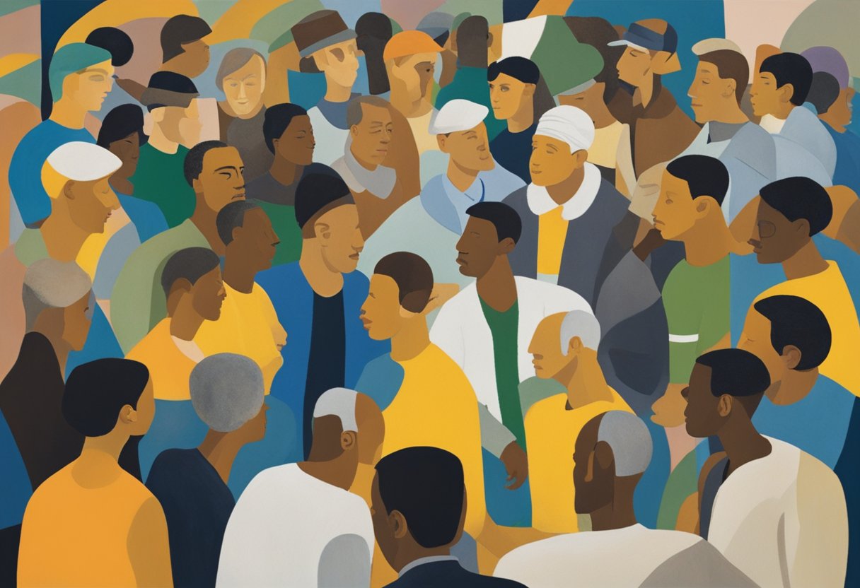 A group of diverse individuals gather in a circle, engaging in open conversation and offering support. The environment is filled with warmth and positivity, symbolizing the redefinition of identity for male cancer thrivers