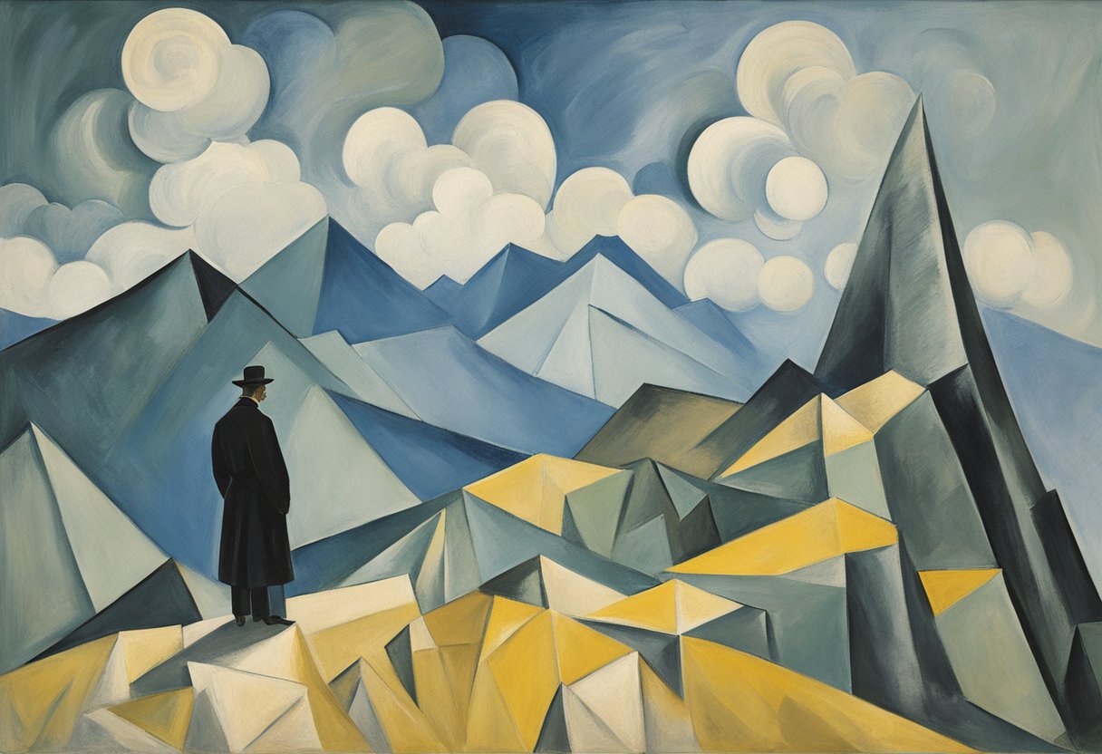 A lone figure standing tall on a mountain peak, gazing out at a vast, expansive landscape, symbolizing strength and resilience