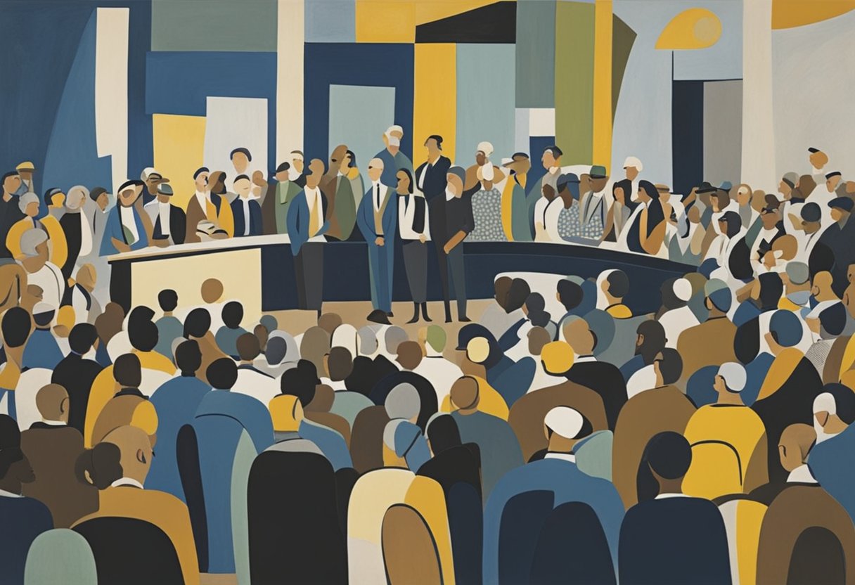 A group of people gathered around a podium, listening to a speaker advocating for male cancer awareness and education. The scene is filled with passion and determination