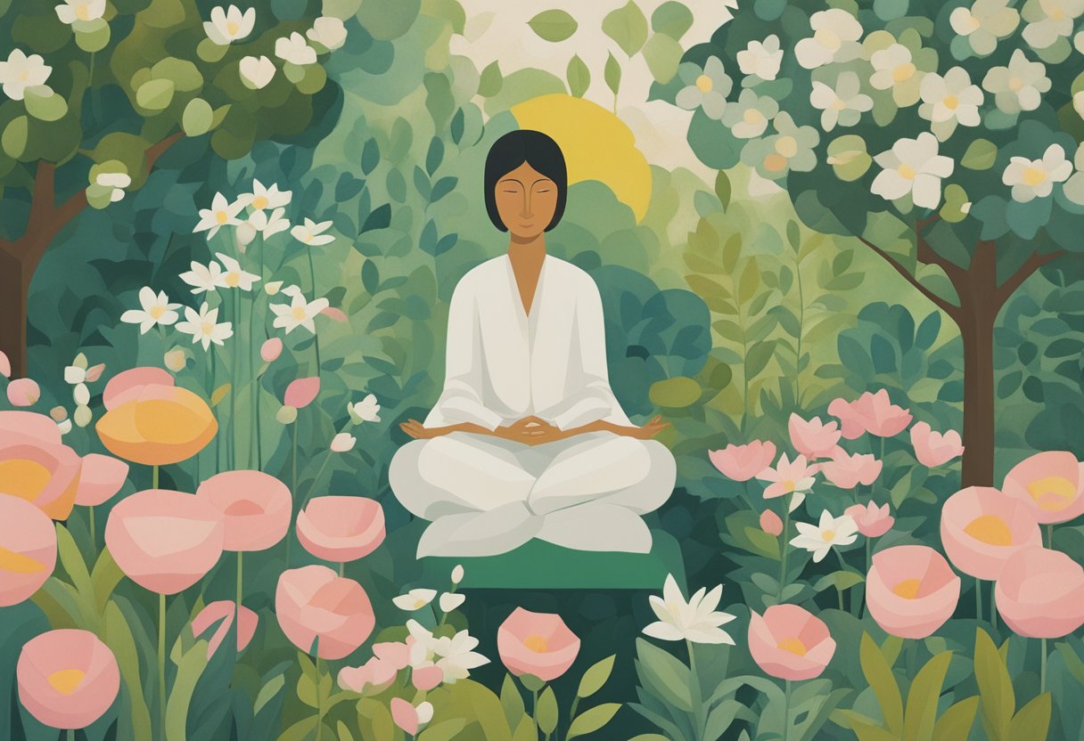 A serene figure meditates in a peaceful garden, surrounded by blooming flowers and lush greenery