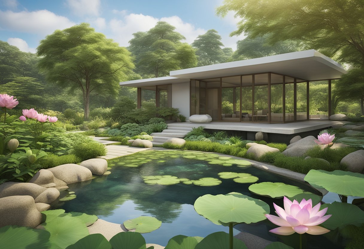 A serene garden with blooming lotus flowers, a tranquil stream, and a peaceful meditation space nestled among lush greenery
