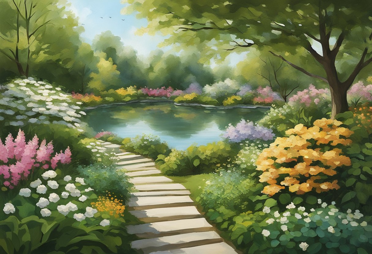 A serene garden with a peaceful pond, surrounded by blooming flowers and lush greenery. A gentle breeze rustles the leaves, creating a sense of calm and tranquility