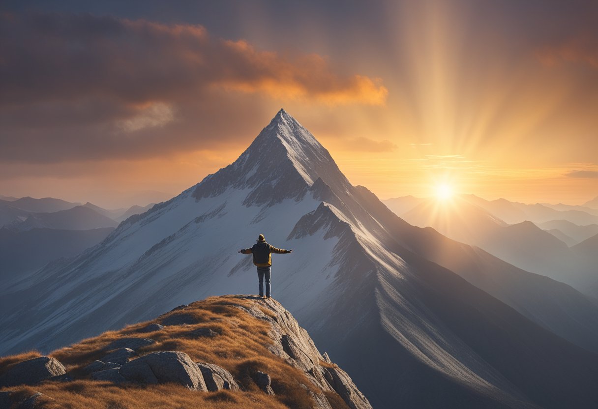 A lone figure stands atop a mountain peak, arms outstretched to the sky. The sun sets behind them, casting a warm glow over the landscape