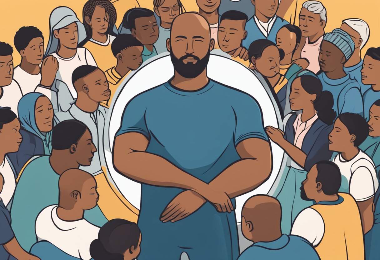 A group of diverse figures stand in a circle, offering support and comfort to a central figure. The male cancer warrior stands in the middle, surrounded by a community embracing vulnerability