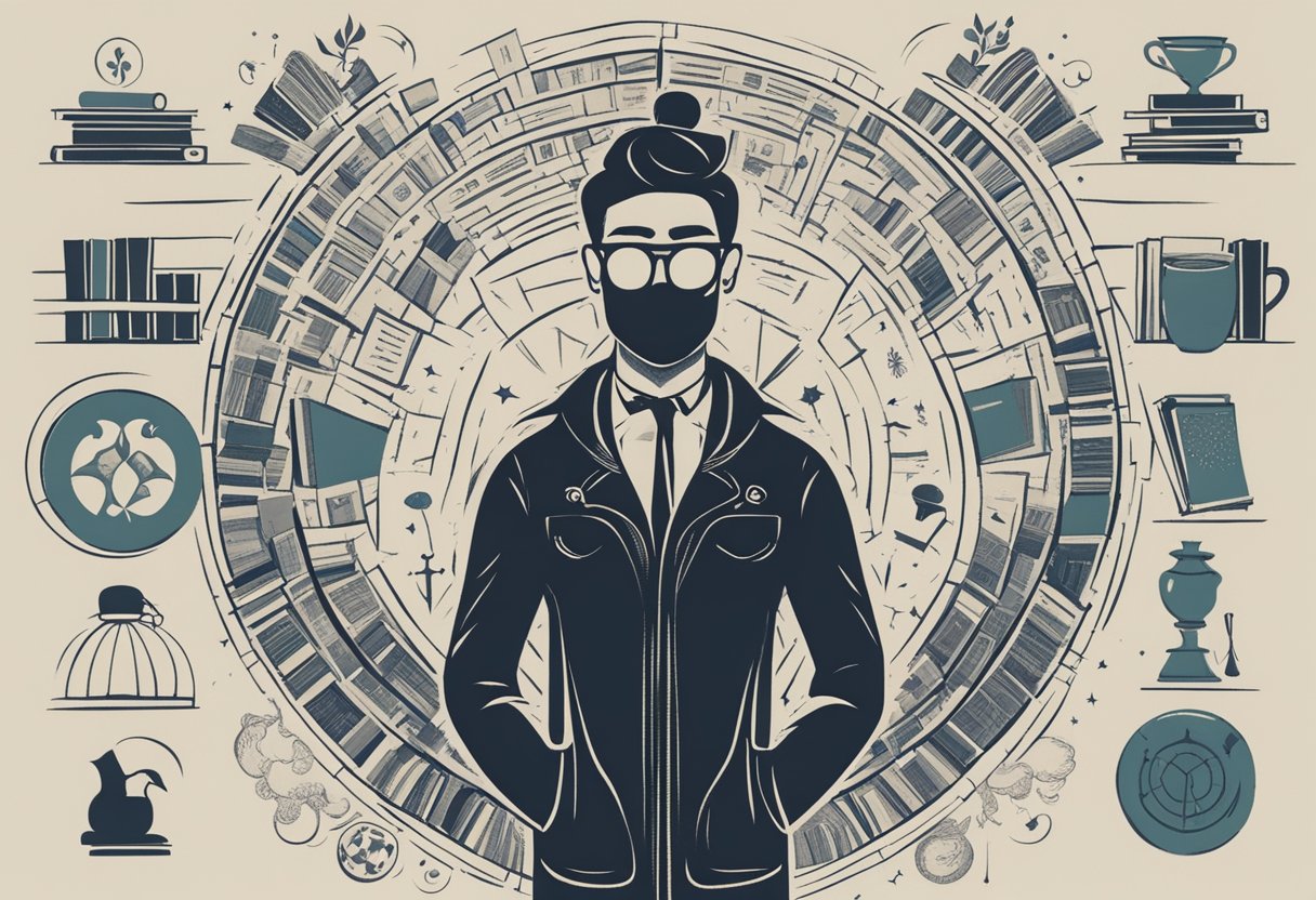 A figure standing tall with a determined expression, surrounded by books and symbols of strength and resilience